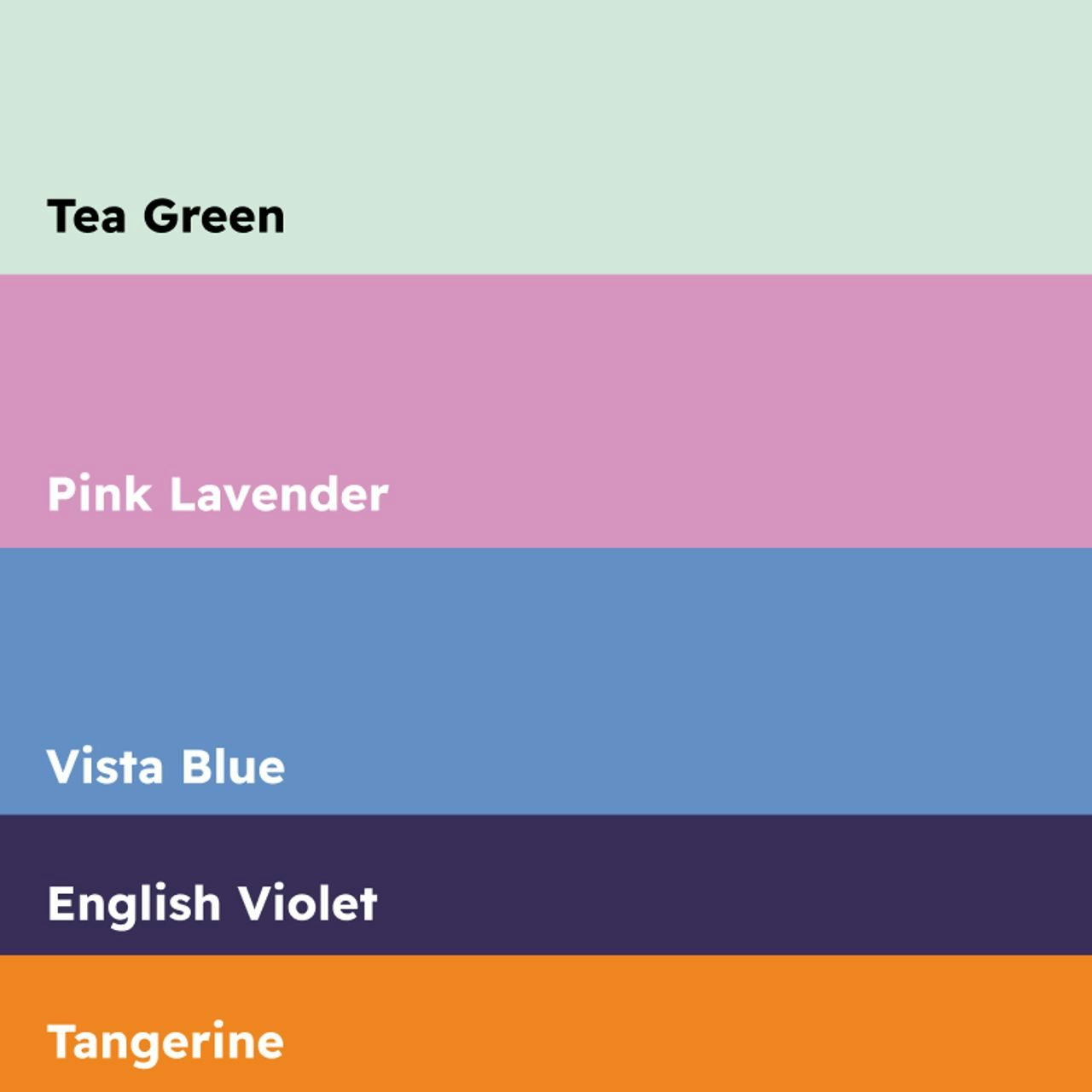 Marketing Colour Palette with 5 colours - Tea Green, Pink Lavender, Vista Blue, English Violet and Tangerine