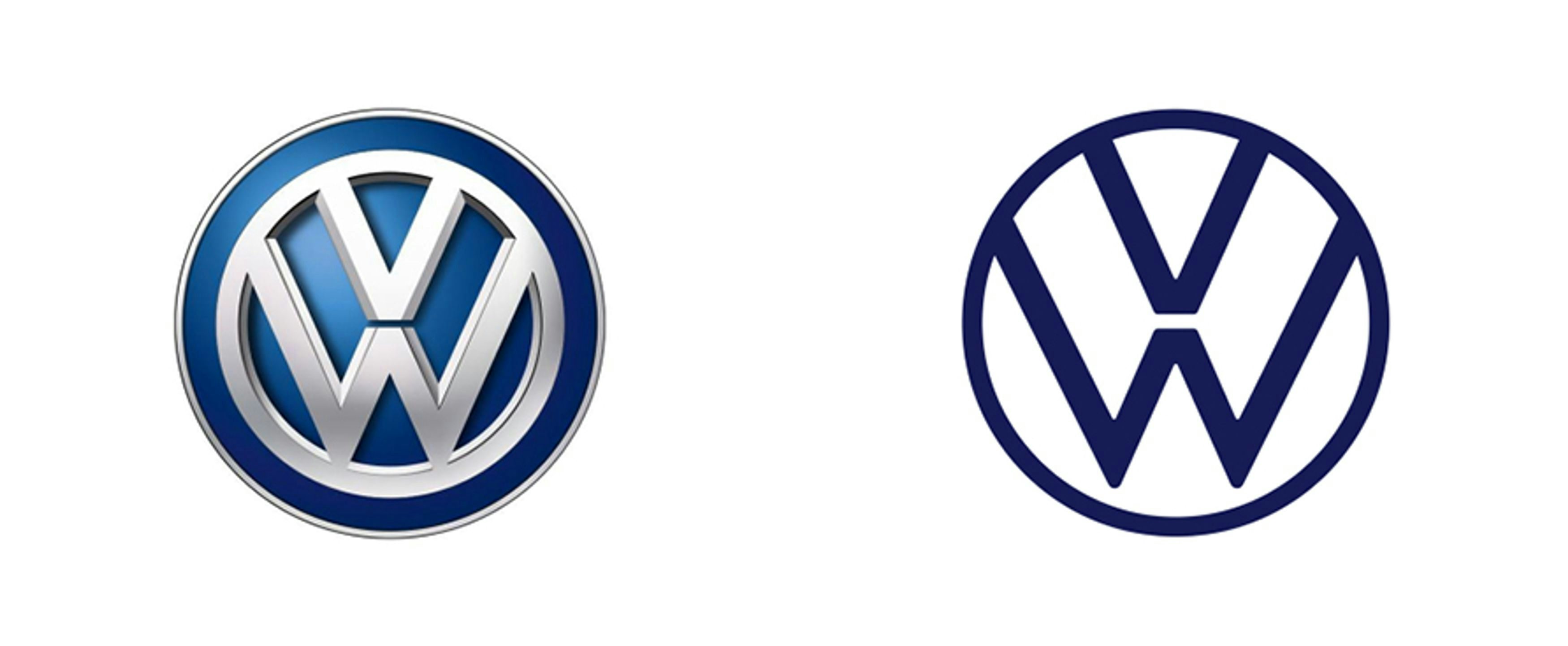 Two Volkswagen logos side by side; the one on the left has a three-dimensional design with blue and silver colours, while the one on the right has a flat, monochrome design in navy blue.