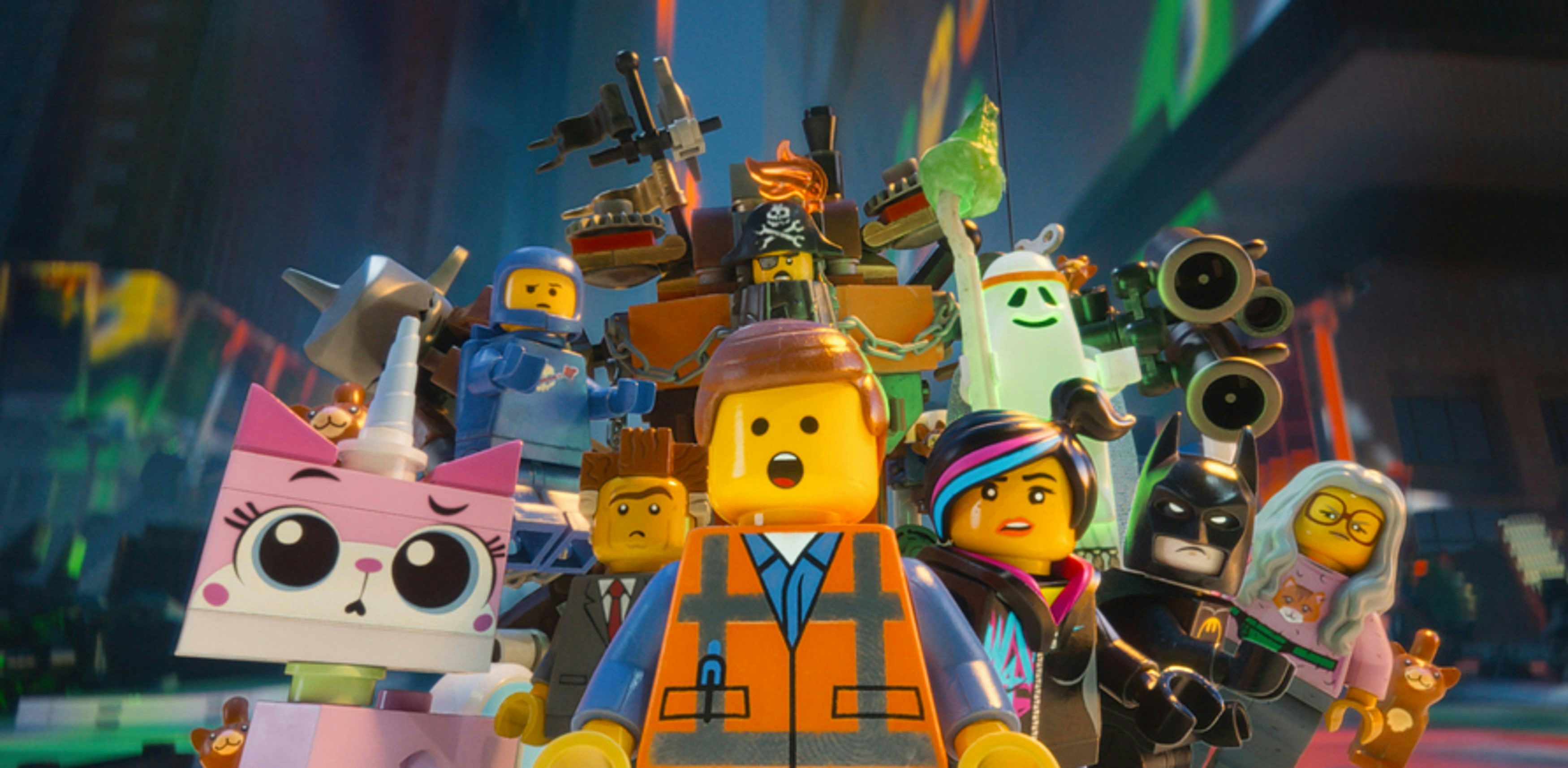 Assorted LEGO characters from 'The LEGO Movie' featuring Emmet, Wyldstyle, Batman, and others, in action, with a futuristic city background.