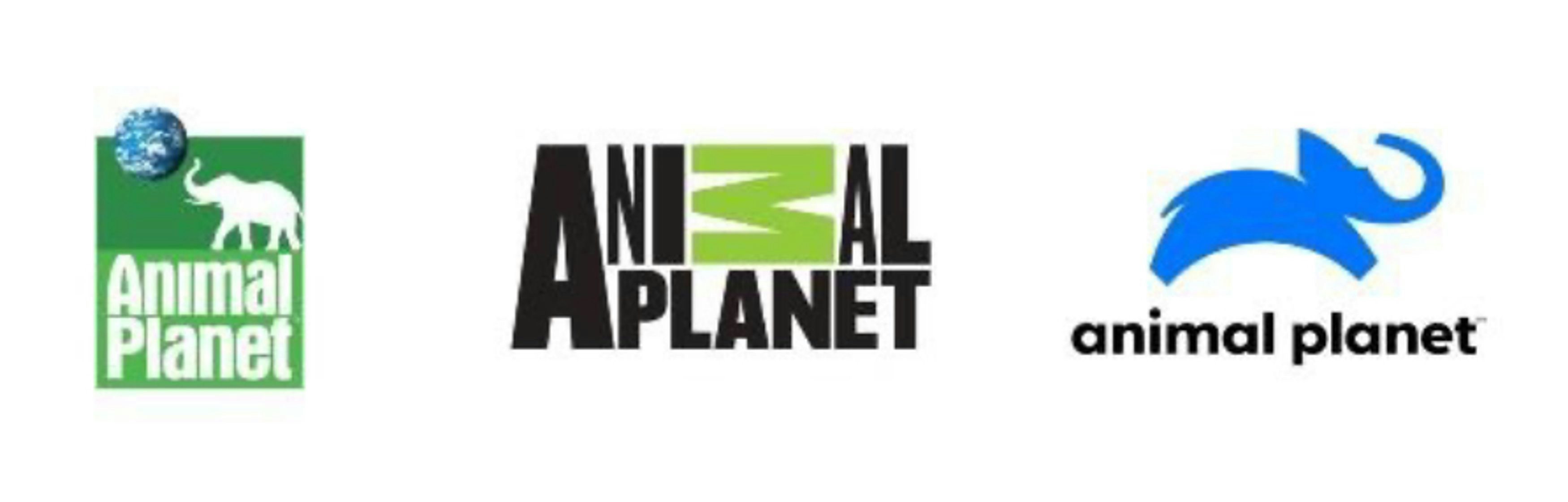 Three different logos of the television channel Animal Planet, showing the evolution of the brand's design. From left to right: a logo with a globe and an elephant silhouette on a green background, a stylised black and green text logo, and a modern design with a blue elephant and lowercase text.