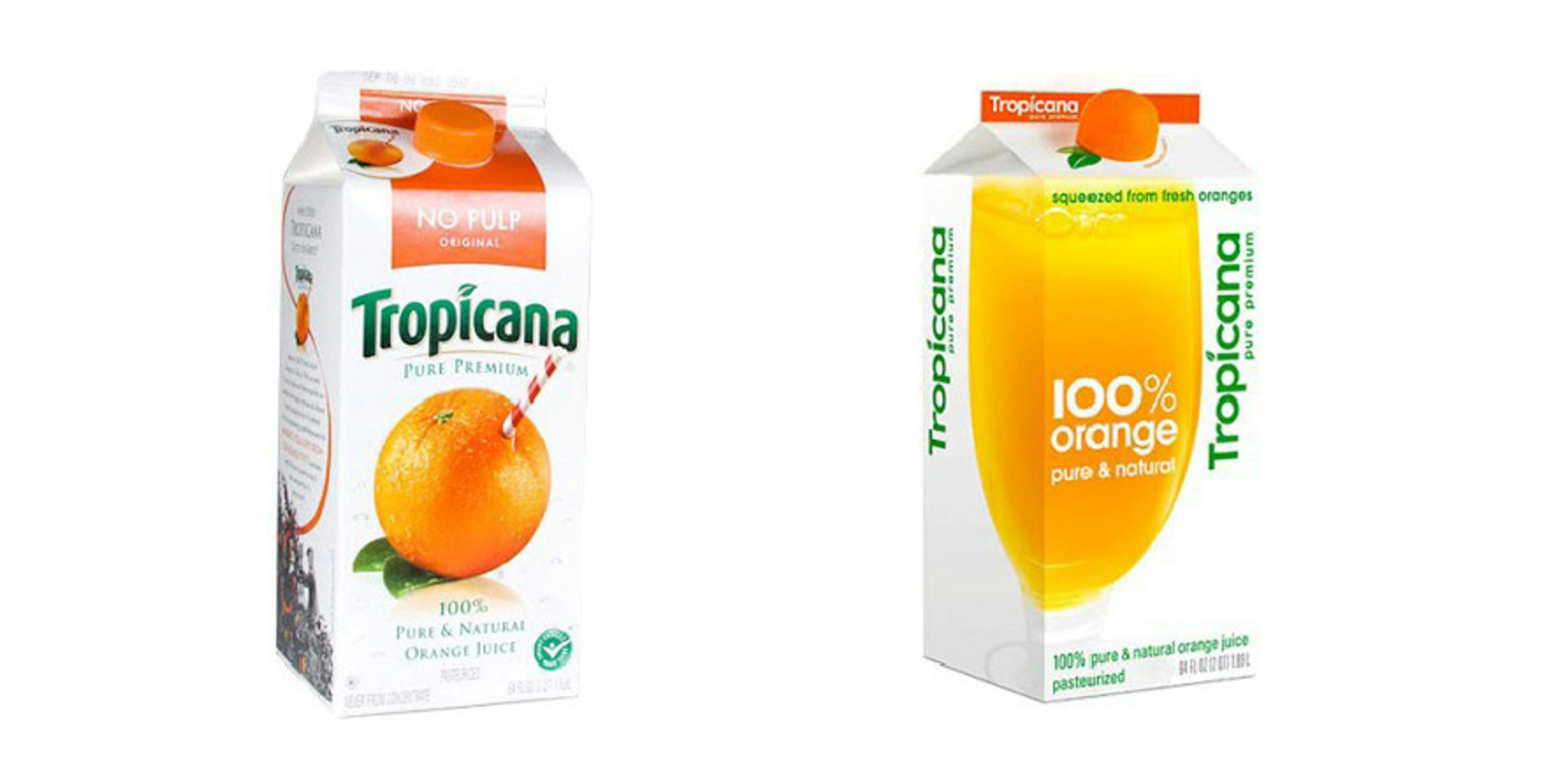 Two cartons of Tropicana orange juice on a white background, one labeled 'No Pulp Original' and the other '100% Orange Pure & Natural'.