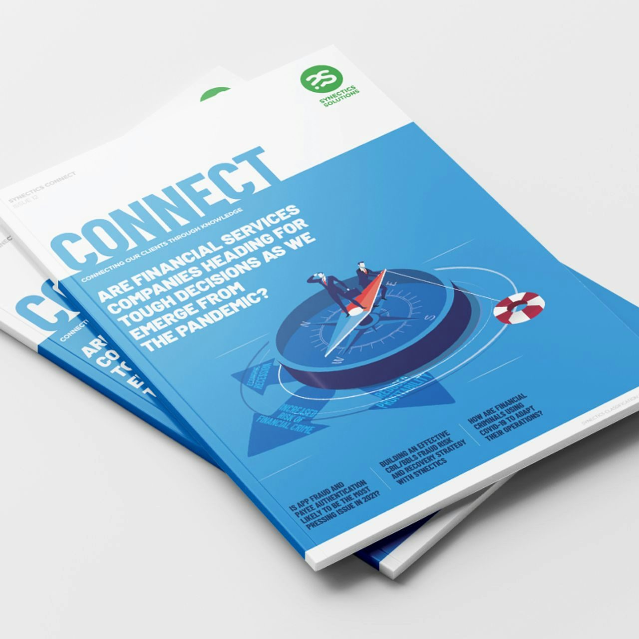 Cover of 'CONNECT' magazine with a focus on financial services resilience post-pandemic, featuring a bold graphic of a compass on a sea with paper boats.