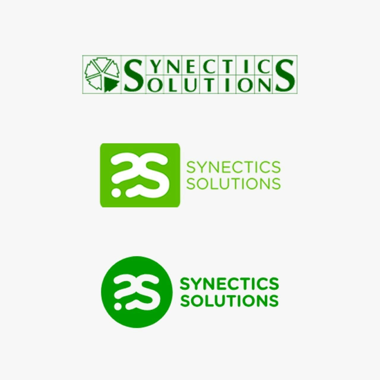 Three variations of the Synectics Solutions logo in green, displaying a progression from a detailed emblem with text to a simplified icon with the company name beneath it.