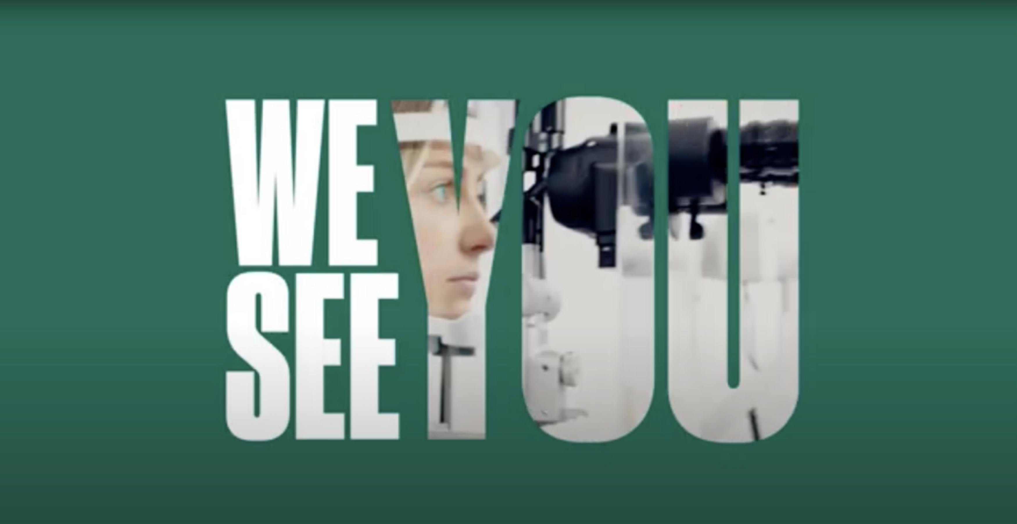 A graphic with the phrase 'WE SEE YOU' in large white letters overlaying a background image that shows a close-up of a young woman's face, with industrial or laboratory equipment visible through the transparent letters.
