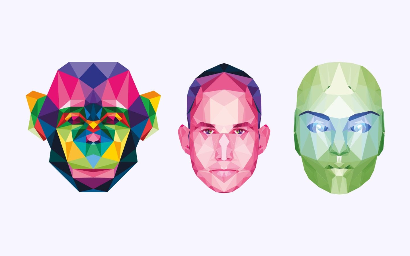 A collection of three abstract, geometric portraits in a colorful prismatic style. From left to right, the first is a primate, the second a human male, and the third a human female face with glowing eyes, all rendered in a modern low-poly art style.