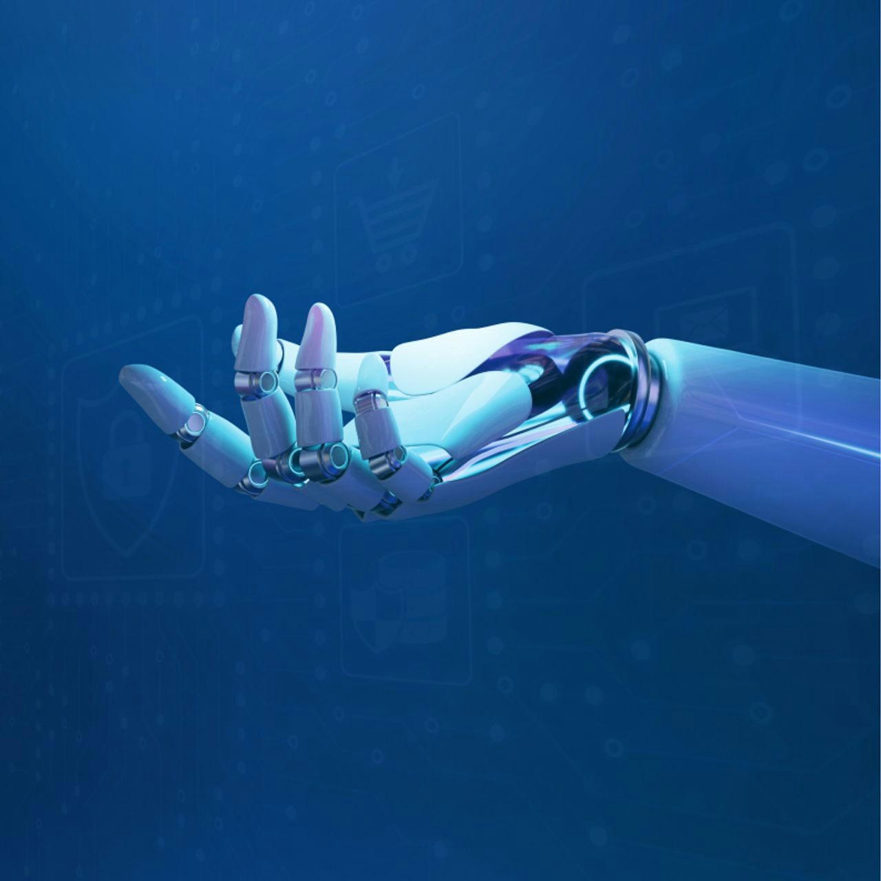 A 3D-rendered robotic hand with articulated fingers extended, set against a blue digital background with floating interface icons, symbolising advanced technology and artificial intelligence.