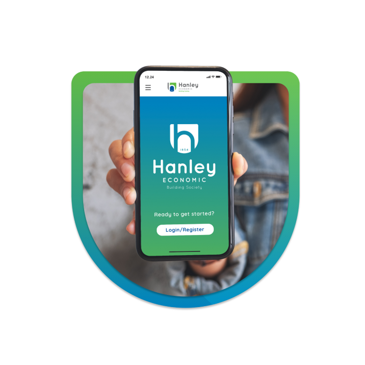 Smartphone displaying Hanley Economic Building Society's app with login prompt, held by hands and enclosed in a green to blue gradient frame.