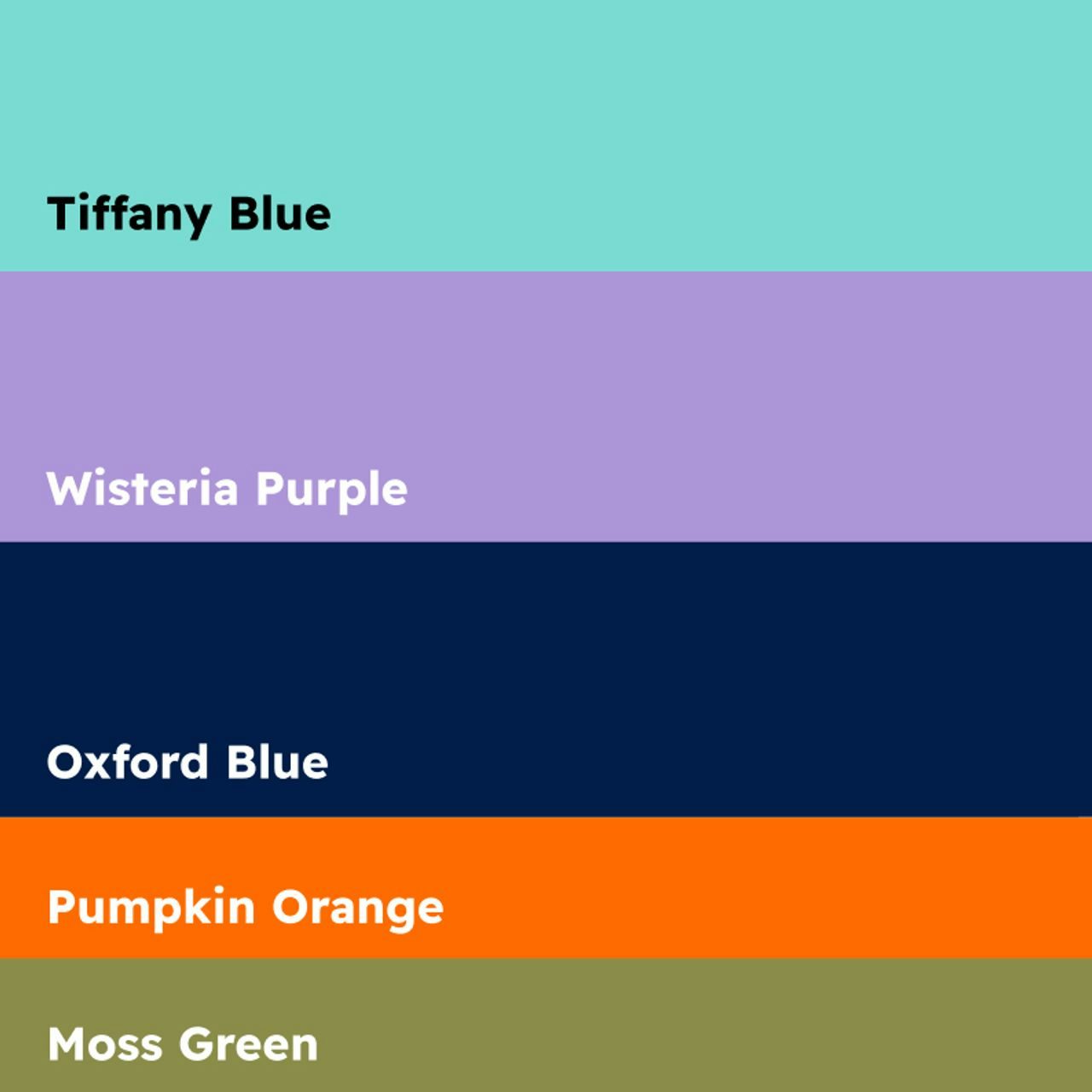 Colour palette displaying horizontal stripes with names: Tiffany Blue, Wisteria Purple, Oxford Blue, Pumpkin Orange, Moss Green.