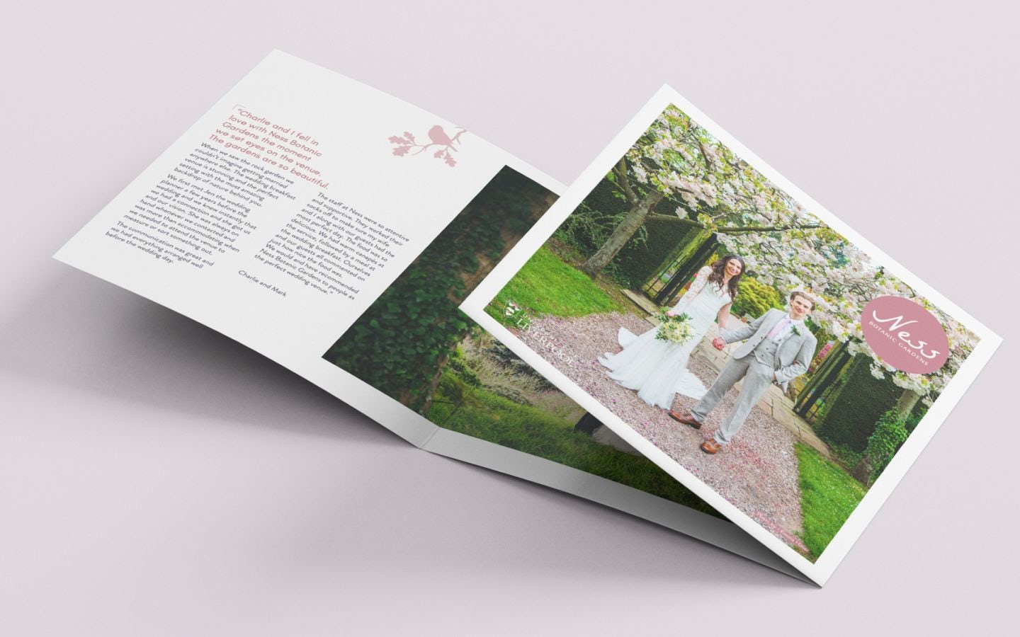 Mockup of an open square trifold wedding brochure featuring a personal story on the left and a photograph of a bride and groom under a floral arch on the right with a 'Ness' logo.