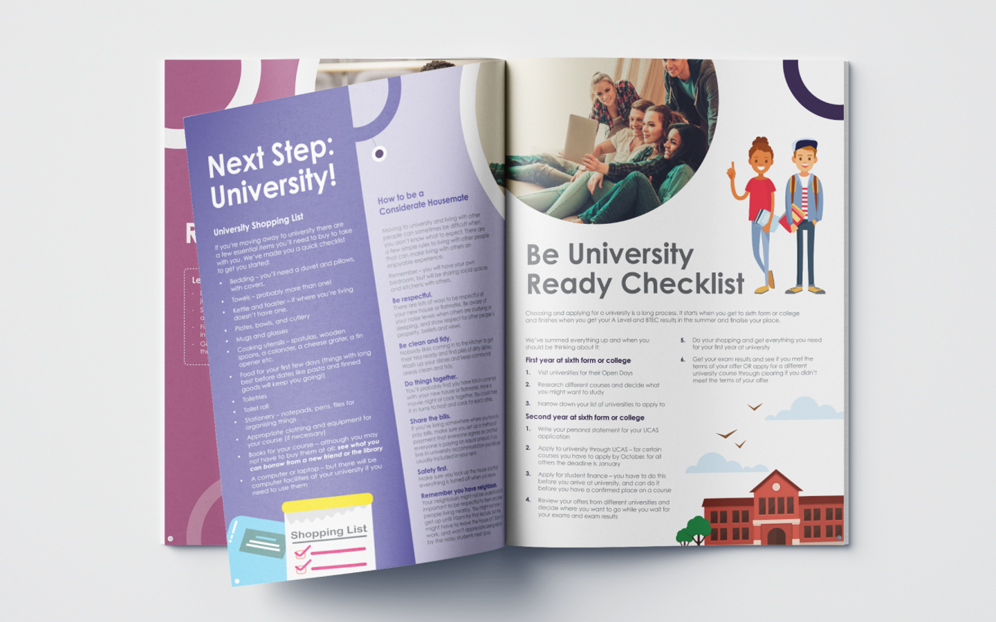 Open brochure detailing preparation for university with a shopping list and readiness checklist, alongside illustrations of students and university life.