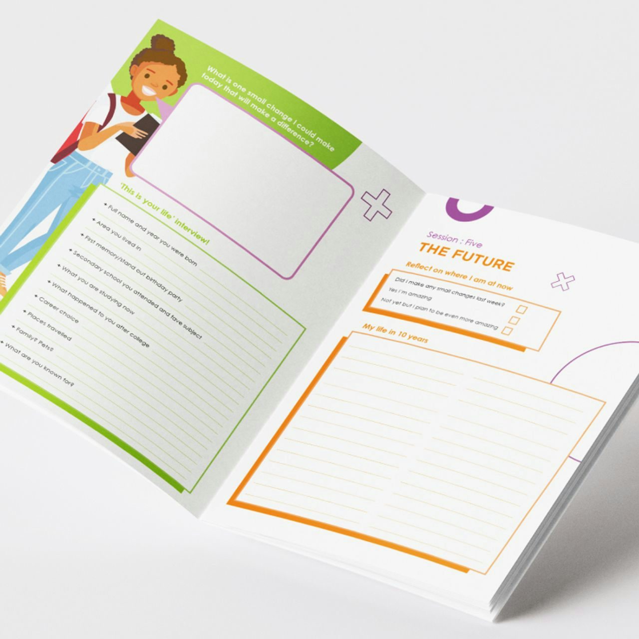 Open interactive brochure with wellbeing and future planning activities, featuring colourful headers and an illustration of a student, designed for educational engagement.