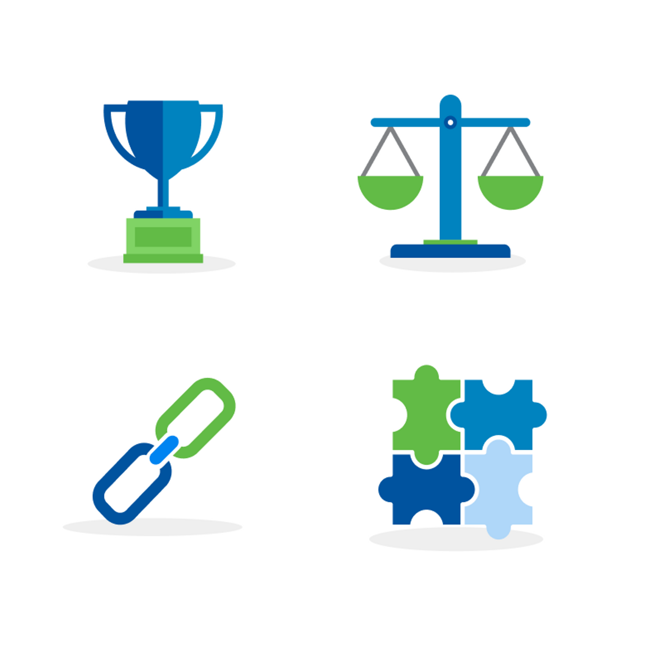 Icons set featuring a blue and green trophy, balance scale, chain links and puzzle pieces, symbolising achievement, balance, connection and problem-solving.