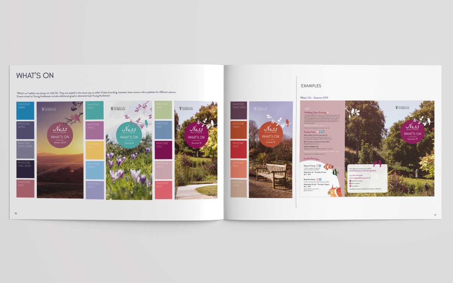 Open brochure layout showing seasonal event flyers for Ness Botanic Gardens, with colour palettes and garden photography for each season.