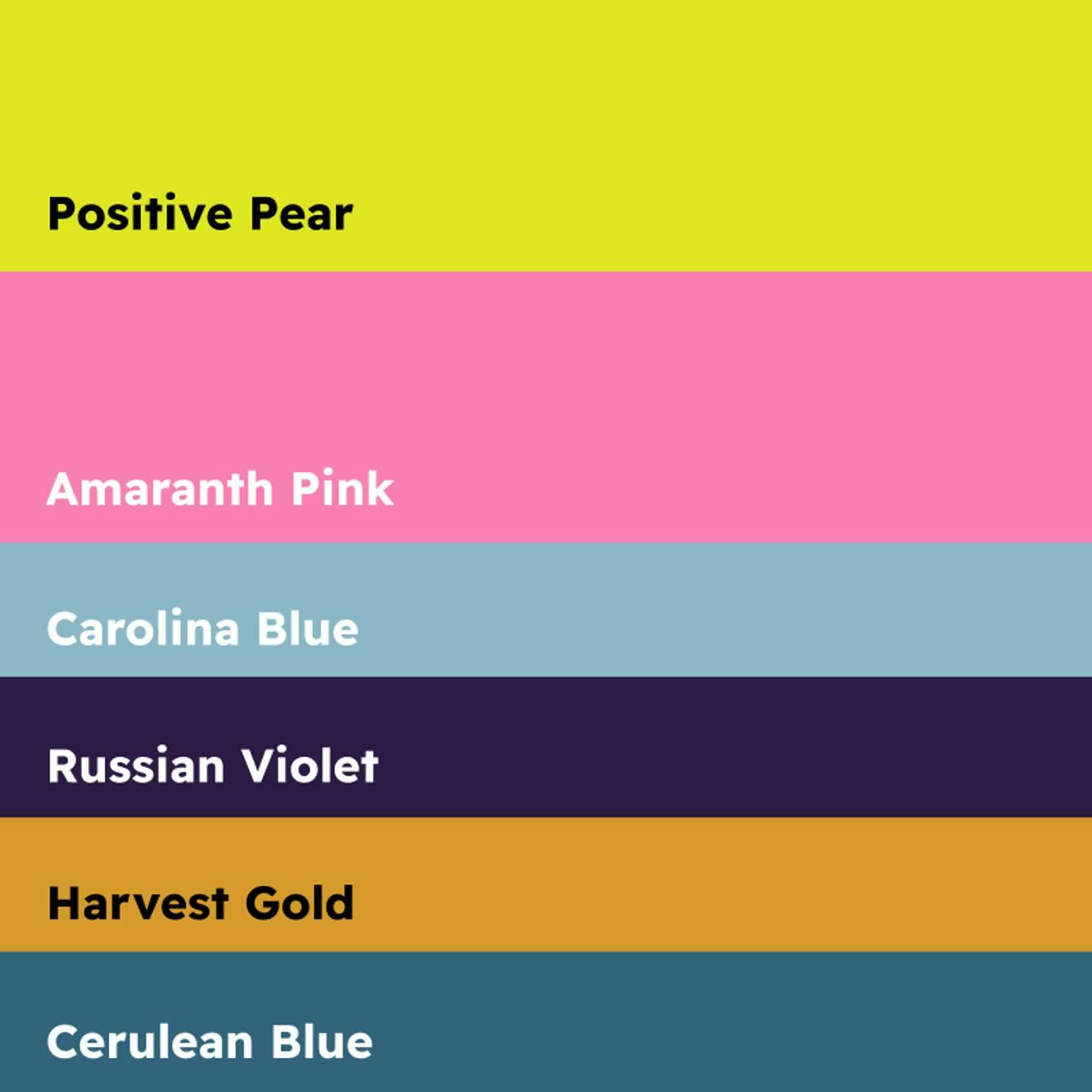 Colour palette displaying horizontal stripes with names: Positive Pear, Amaranth Pink, Carolina Blue, Russian Violet, Harvest Gold, Cerulean Blue.