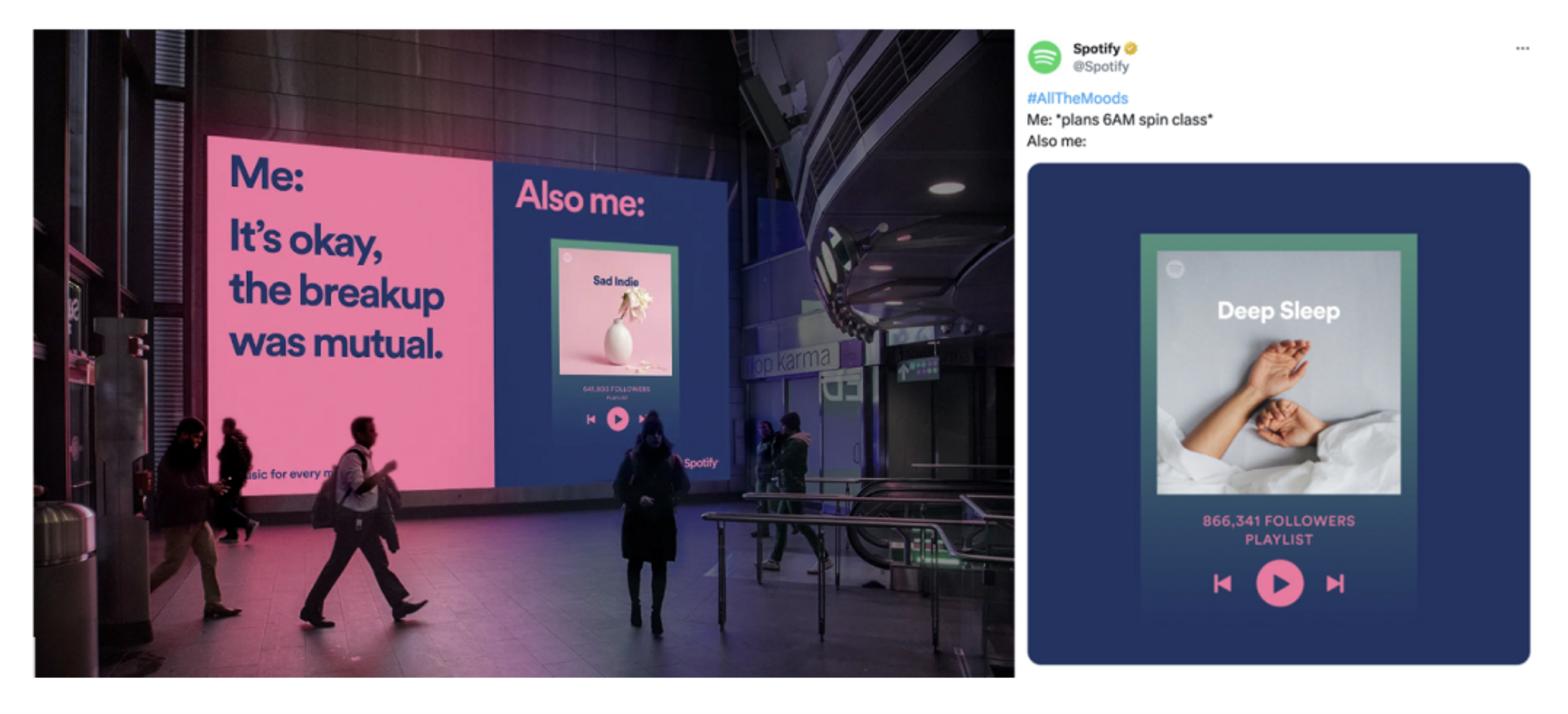 Digital advertising screens in an urban transit area displaying Spotify's 'All The Moods' campaign, with contrasting messages about breakups and moods reflected in music playlists, with people walking by.