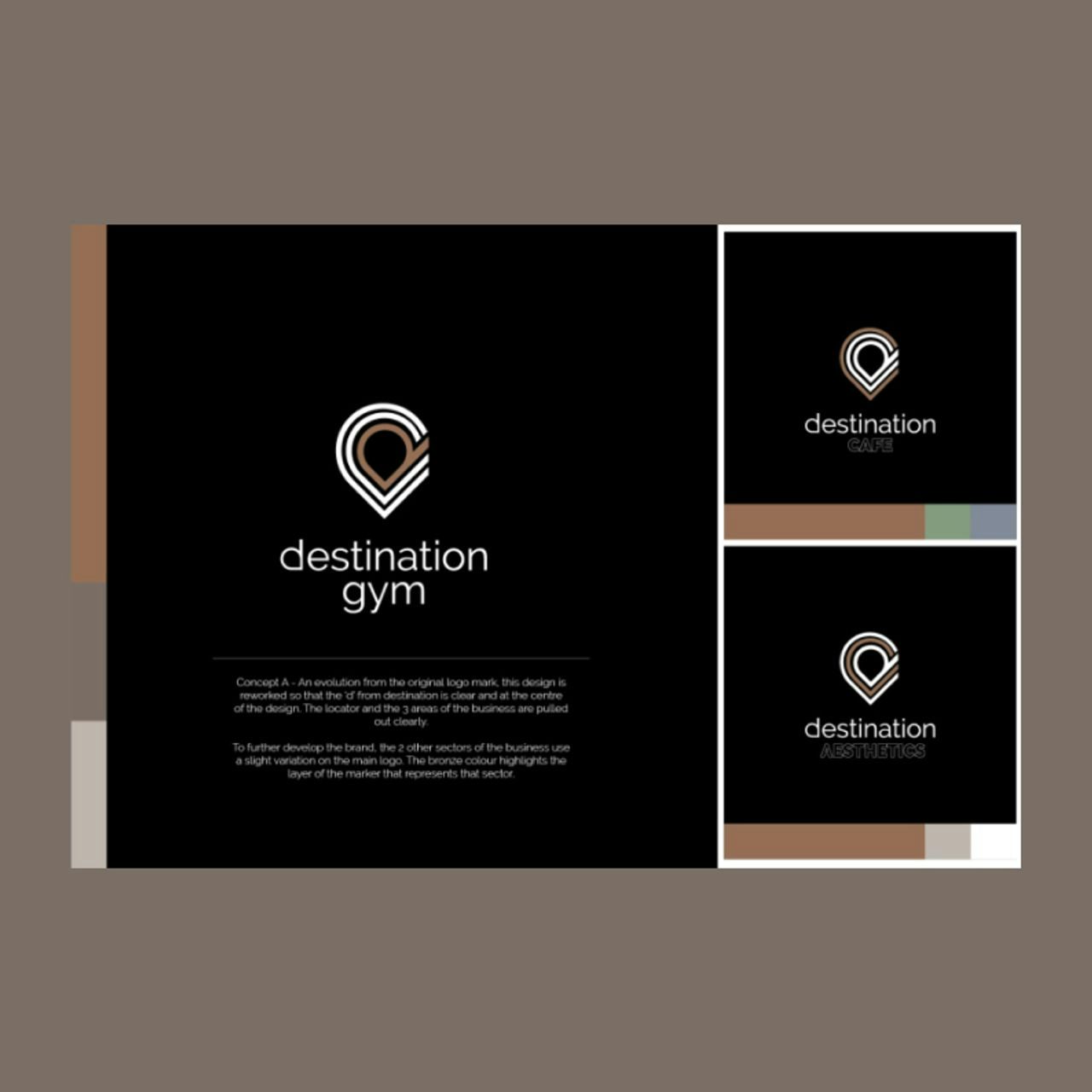 Branding design concept for 'destination gym' featuring a central logo with variations for 'destination café' and 'destination aesthetics,' each with a tailored colour palette.