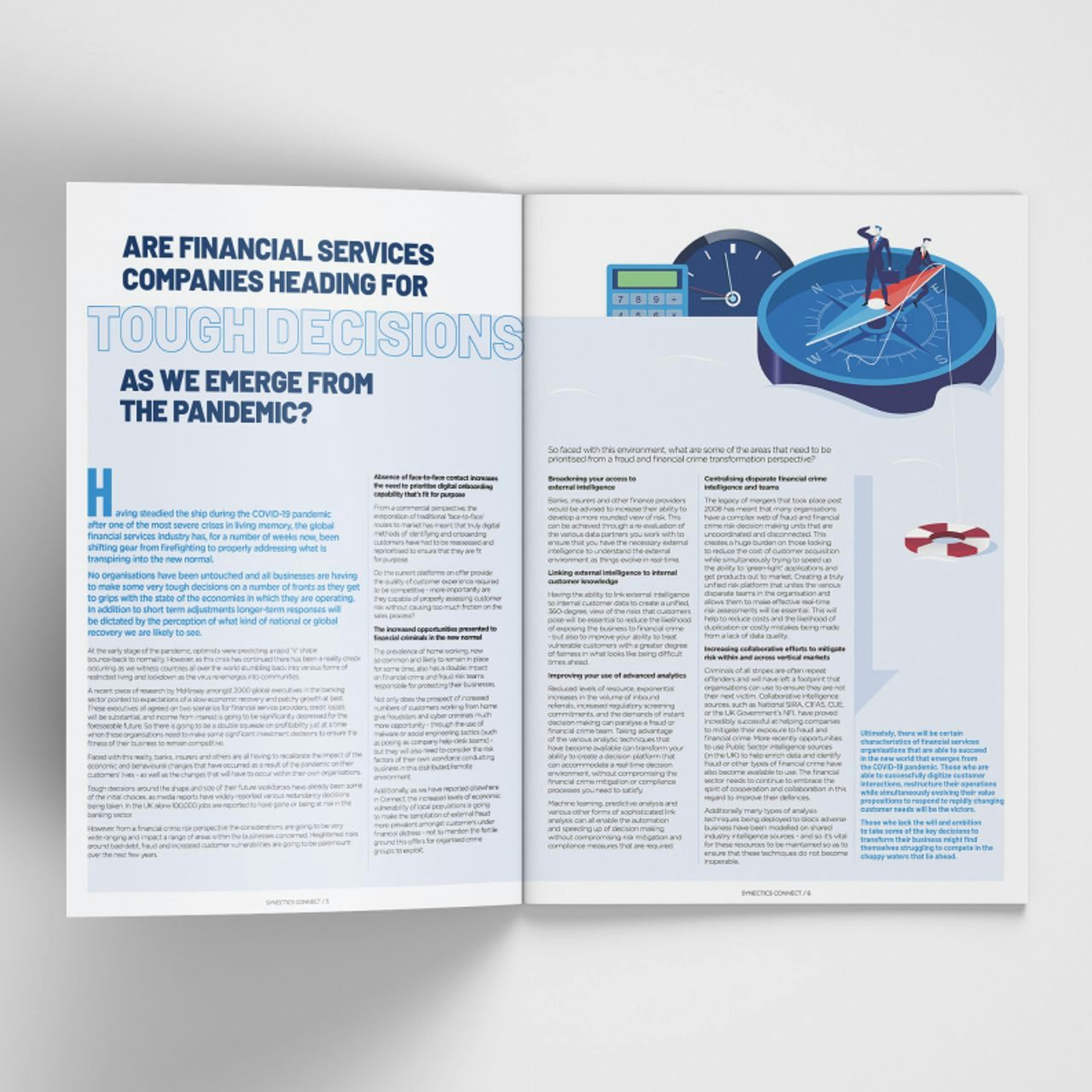 Open spread of a 'CONNECT' article titled 'Are financial services companies heading for tough decisions as we emerge from the pandemic?' The left page contains a large title, while the right page includes a graphic of a compass.