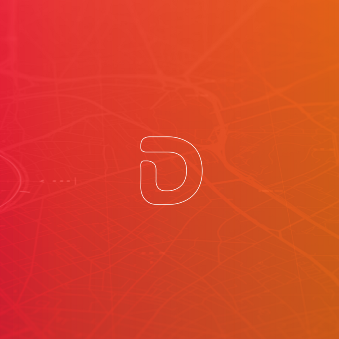 Stylised white 'D' logo on a red to orange gradient background with a map-like overlay, symbolising the 'Data Driven Logistics' brand.