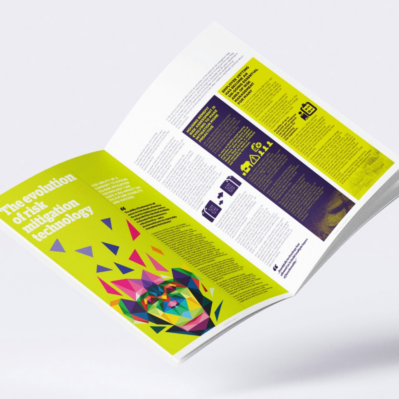 'CONNECT' spread discussing 'The evolution of risk mitigation technology', with one page featuring a bold lime green title and vibrant yellow and purple backgrounds. The other page includes a colorful geometric low-poly image of a primate and text columns.