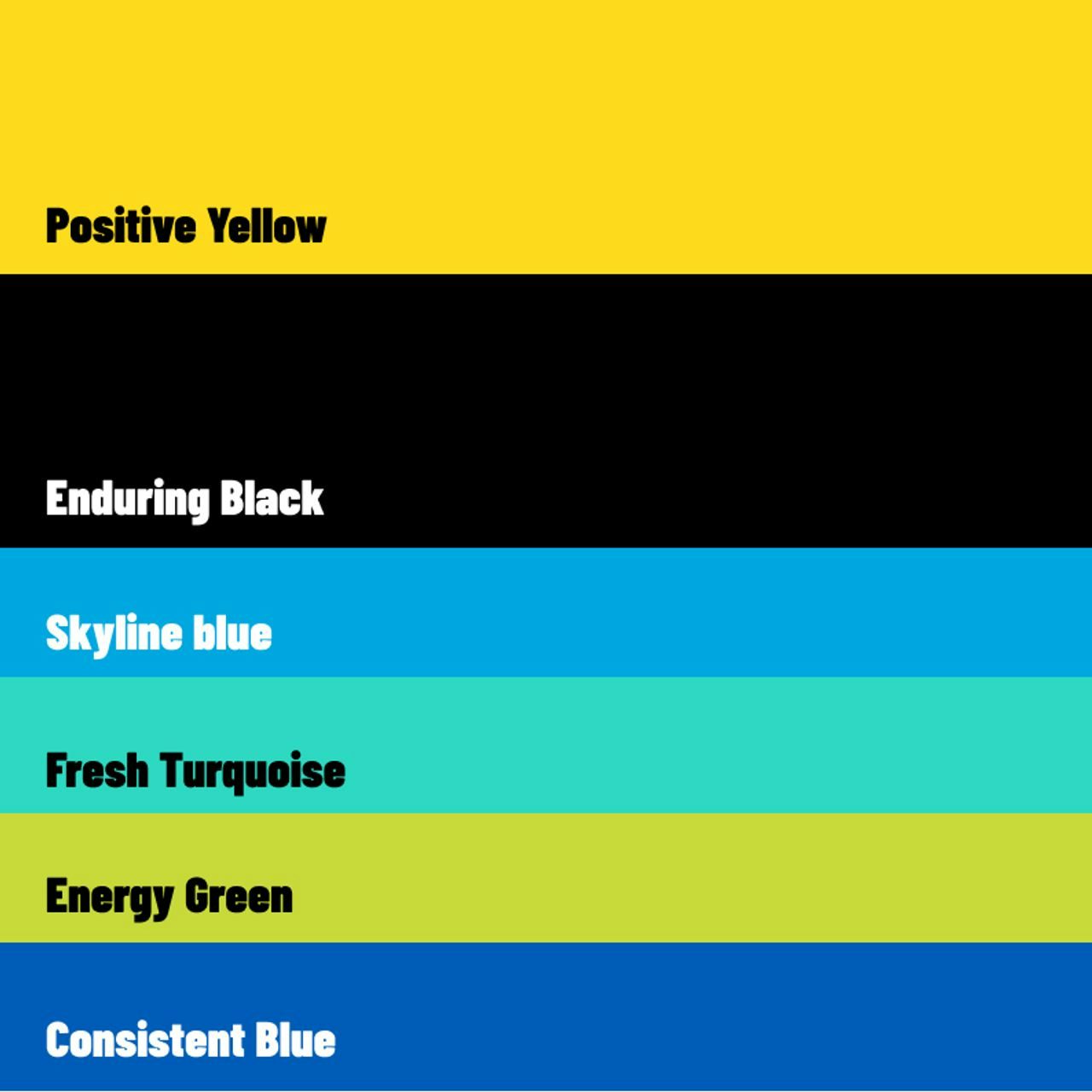 Colour palette displaying horizontal stripes with names: Positive Yellow, Enduring Black, Skyline Blue, Fresh Turquoise, Energy Green and Consistent Blue.