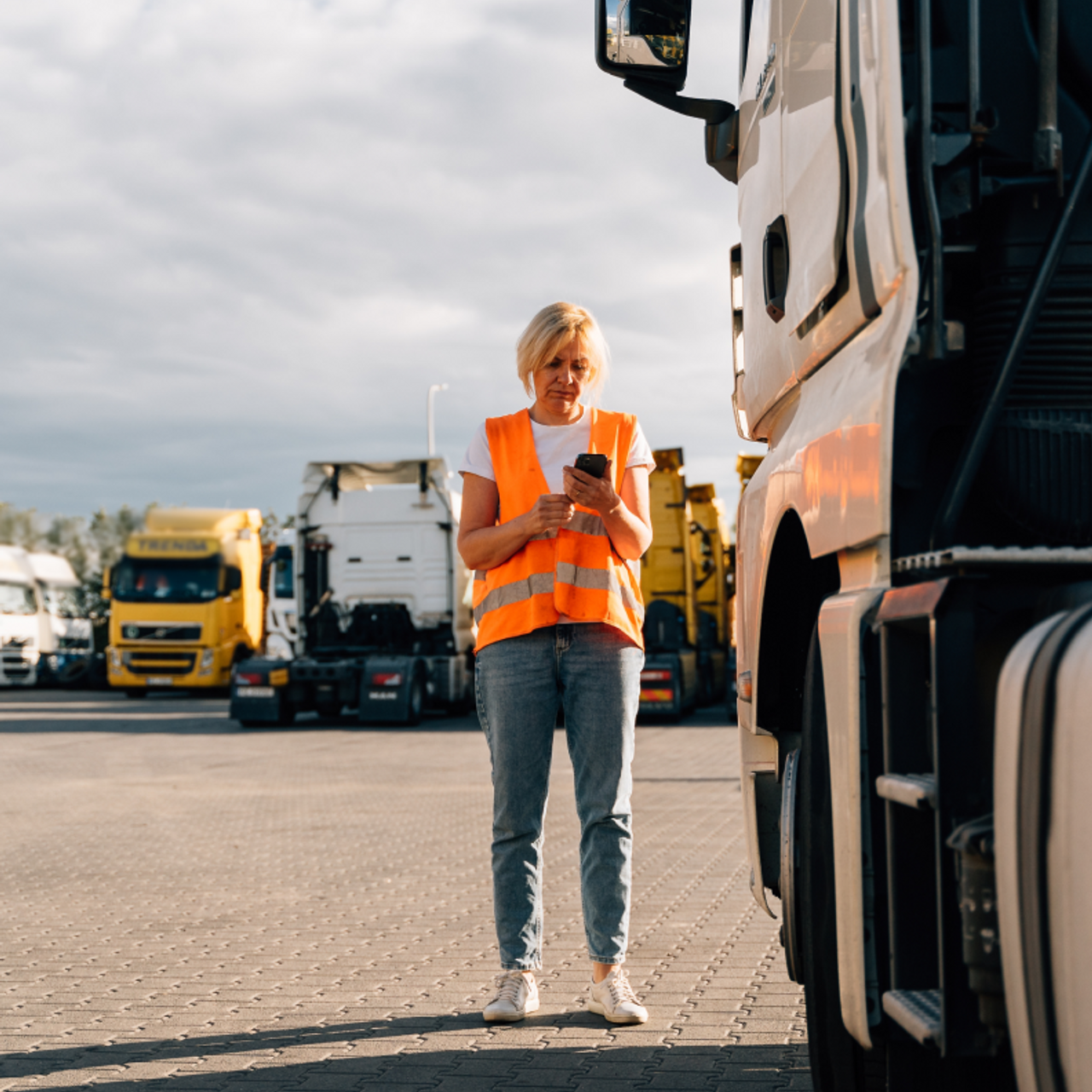 Female logistics worker in safety vest checking her phone at a busy trucking yard.