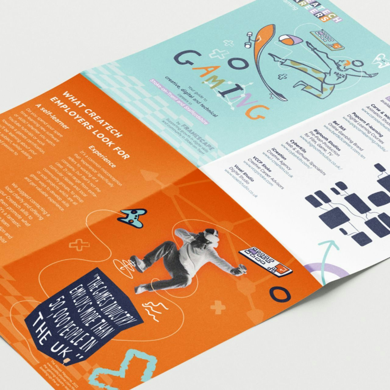 Brochure mockup highlighting the gaming industry, with illustrations and facts about creative employment and the value of gaming in the UK.