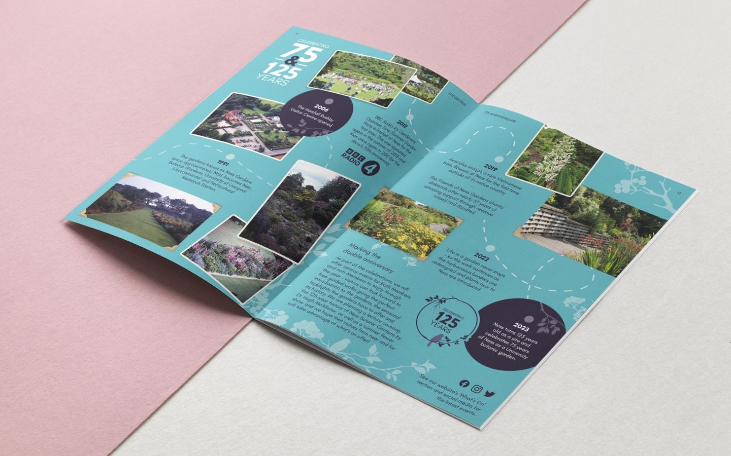 Promotional A4 brochure mockup for Ness Botanic Gardens, showcasing the garden's 125-year history with photos and milestones.
