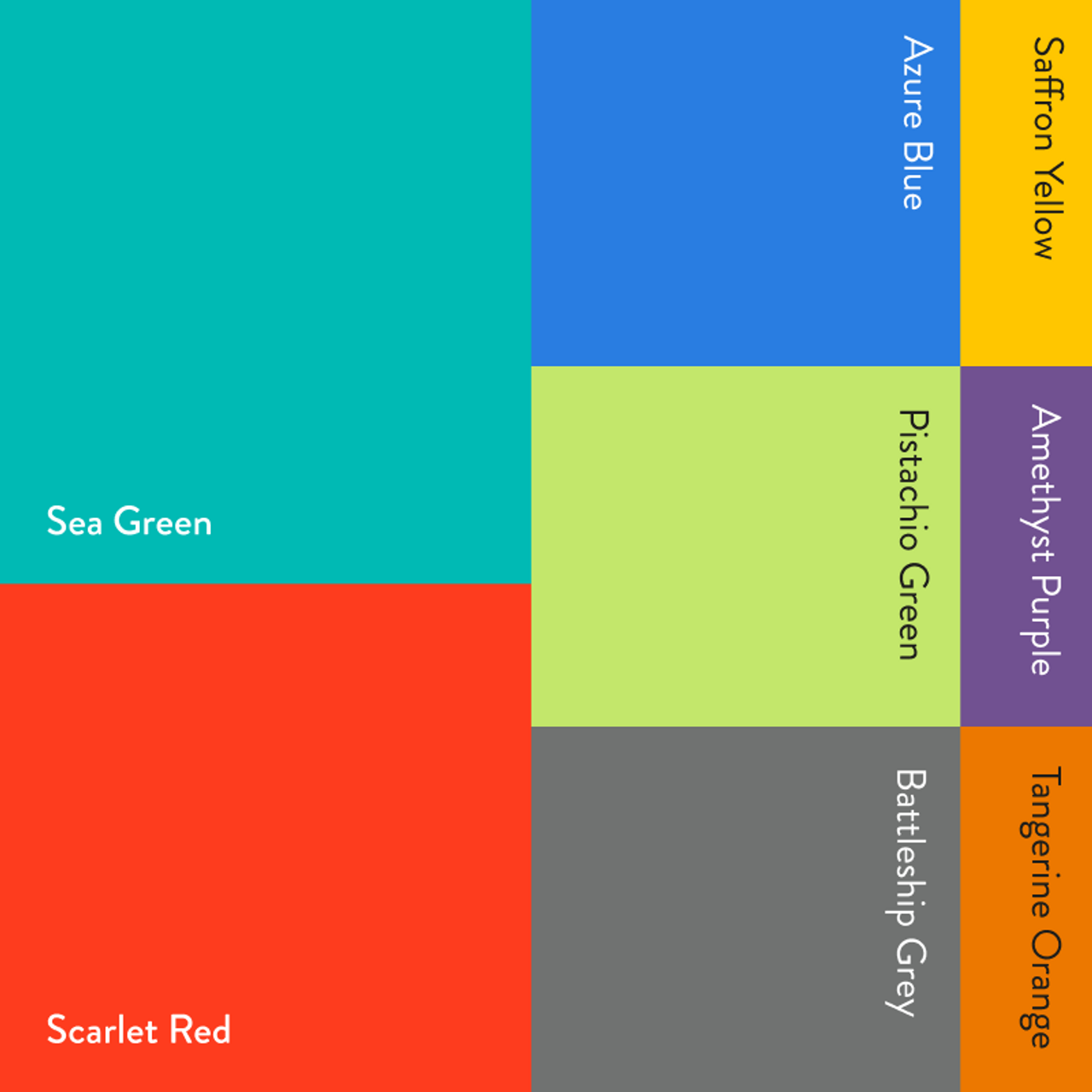 A graphic colour palette showing a range of colours including Sea Green, Azure Blue, Saffron Yellow, Amethyst Purple, Tangerine Orange, Battleship Grey, Scarlet Red and Pistachio Green.