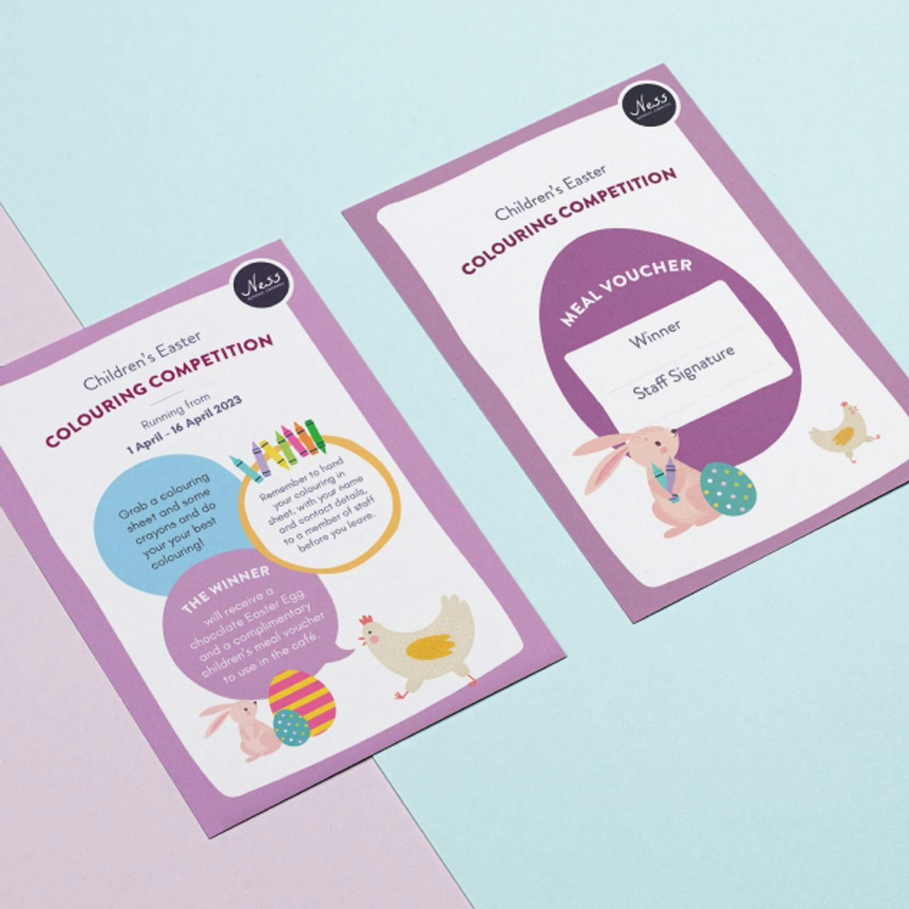 Two flyers on a dual pink and blue background advertise a Children's Easter Colouring Competition by Ness.