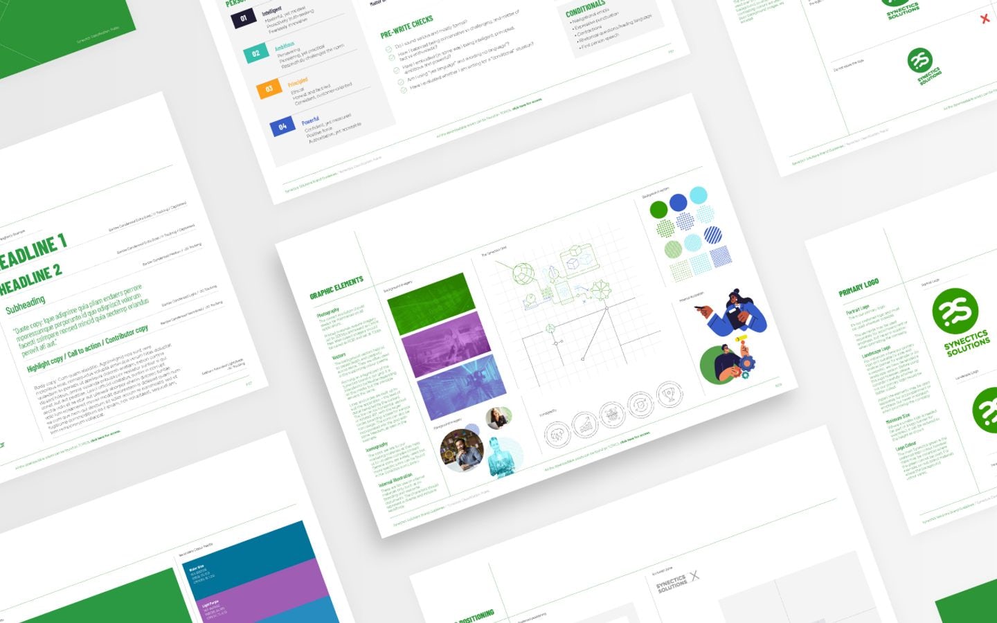A collage of brand guideline documents for Synectics Solutions, featuring pages with green branding elements, typography specifications, logo usage and graphic elements including charts and infographics.