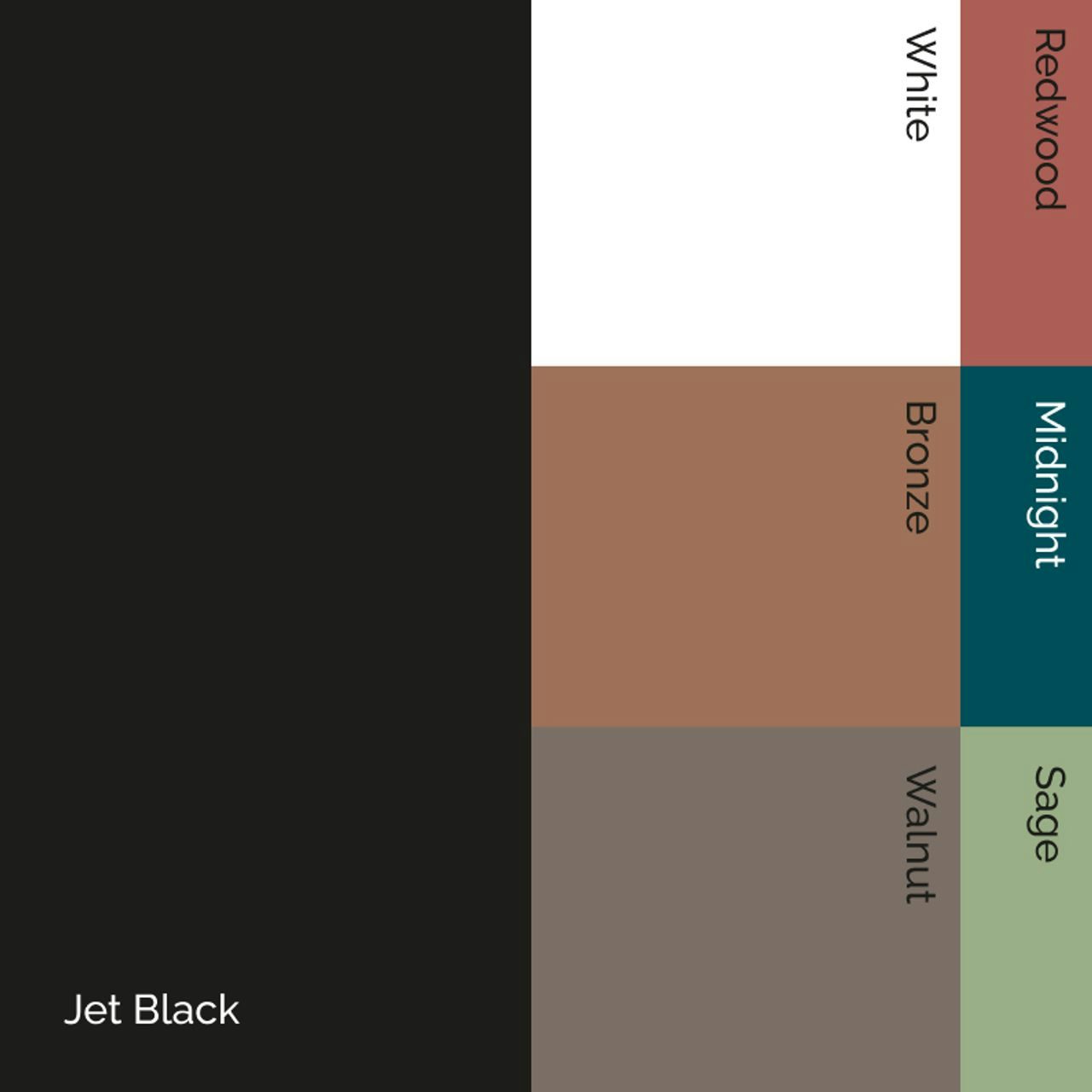 Colour palette with names: Jet Black, White, Bronze, Walnut, Redwood, Midnight, Sage.