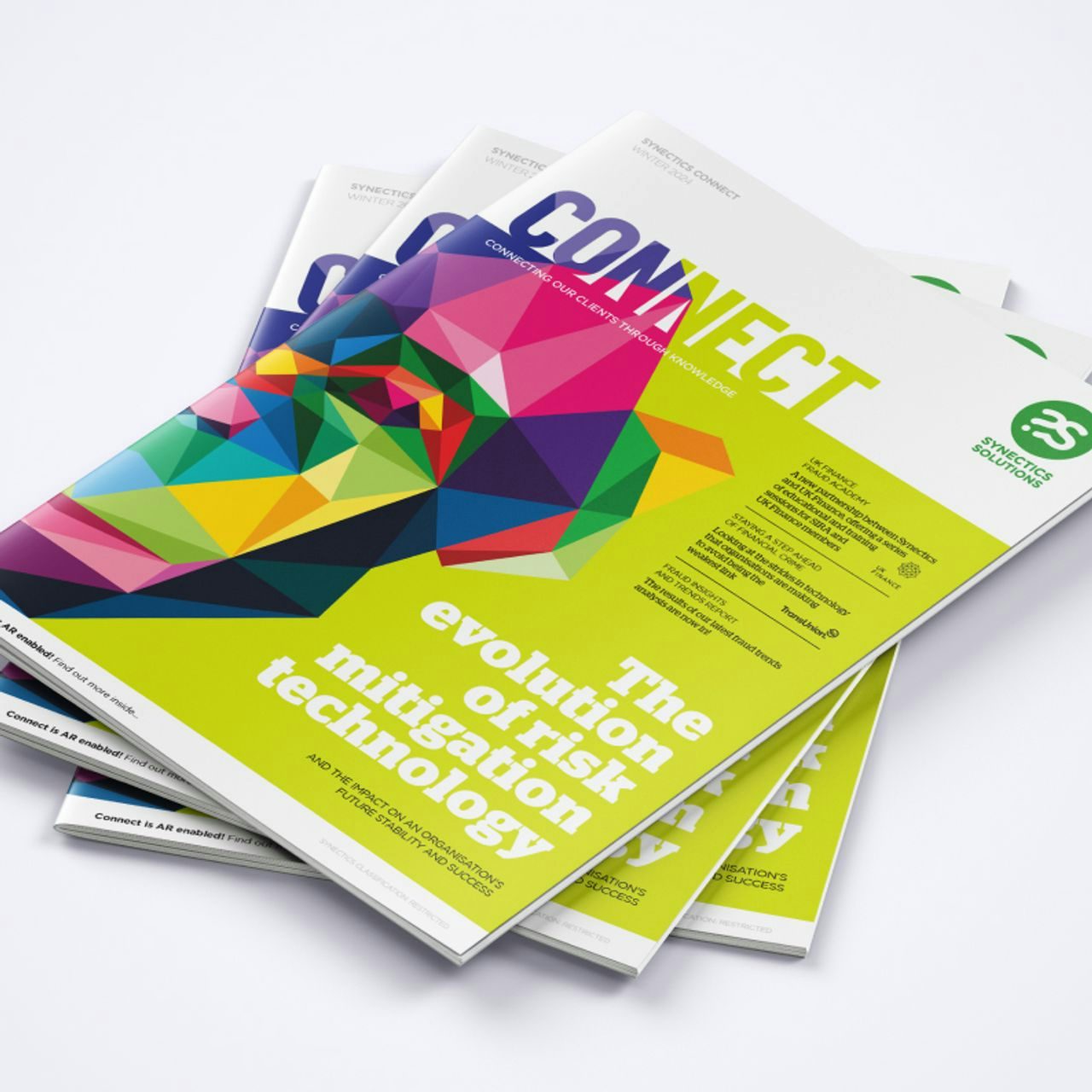 Cover of 'CONNECT' magazine with a focus on the evolution of risk mitigation technology, featuring a bold graphic of half of a geometric monkey face on a green background.
