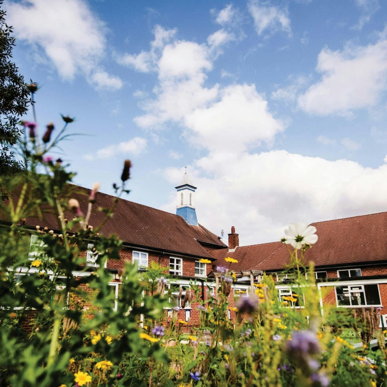 Traditional red-brick building with a blue tower, viewed over a colorful garden of wildflowers under a bright, cloudy sky.