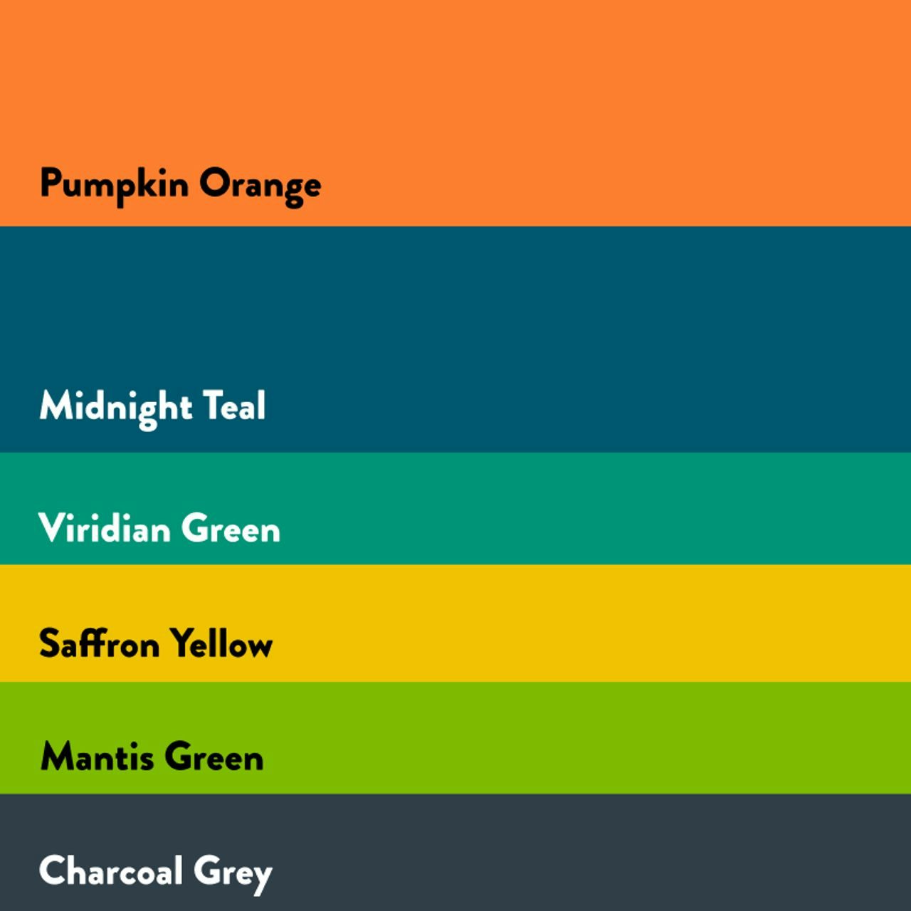 Colour palette showcasing Pumpkin Orange, Midnight Teal, Viridian Green, Saffron Yellow, Mantis Green, and Charcoal Grey.