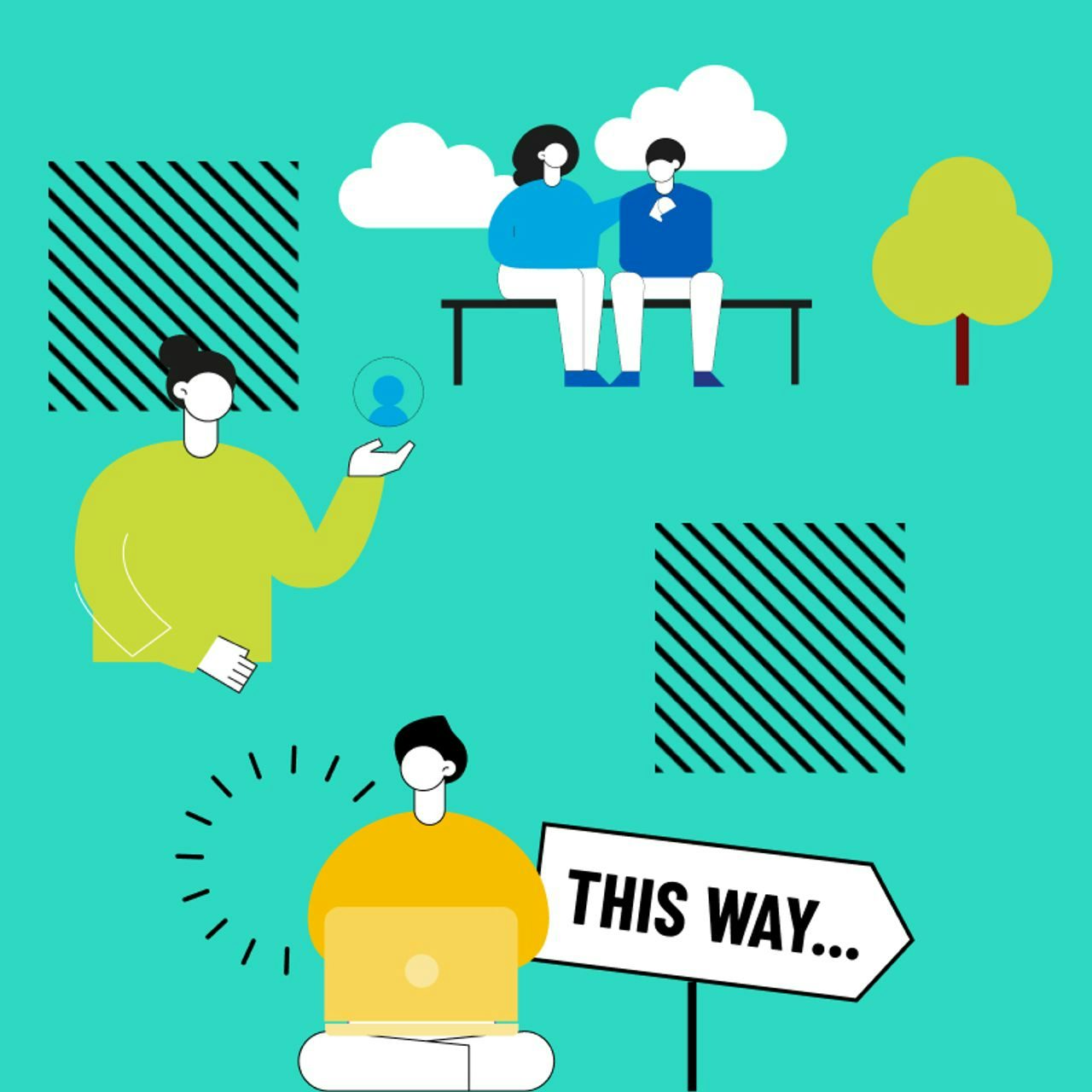 Vector illustration of abstract characters in a meeting and guidance concept, with 'THIS WAY...' directional sign on a turquoise background.