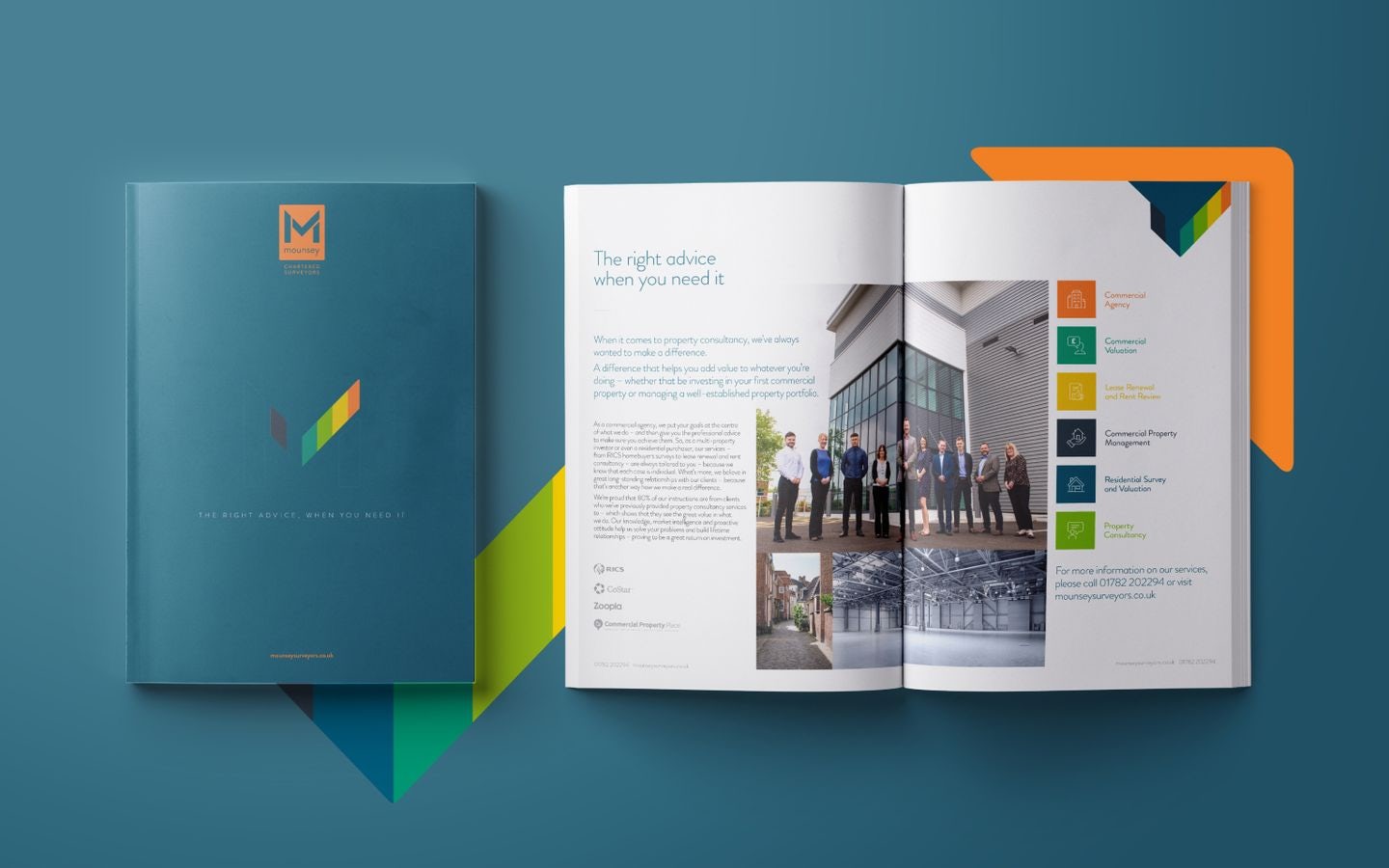 Open A4 brochure mockup for Mounsey Chartered Surveyors showcasing company services and team photo, emphasising property consultancy expertise.