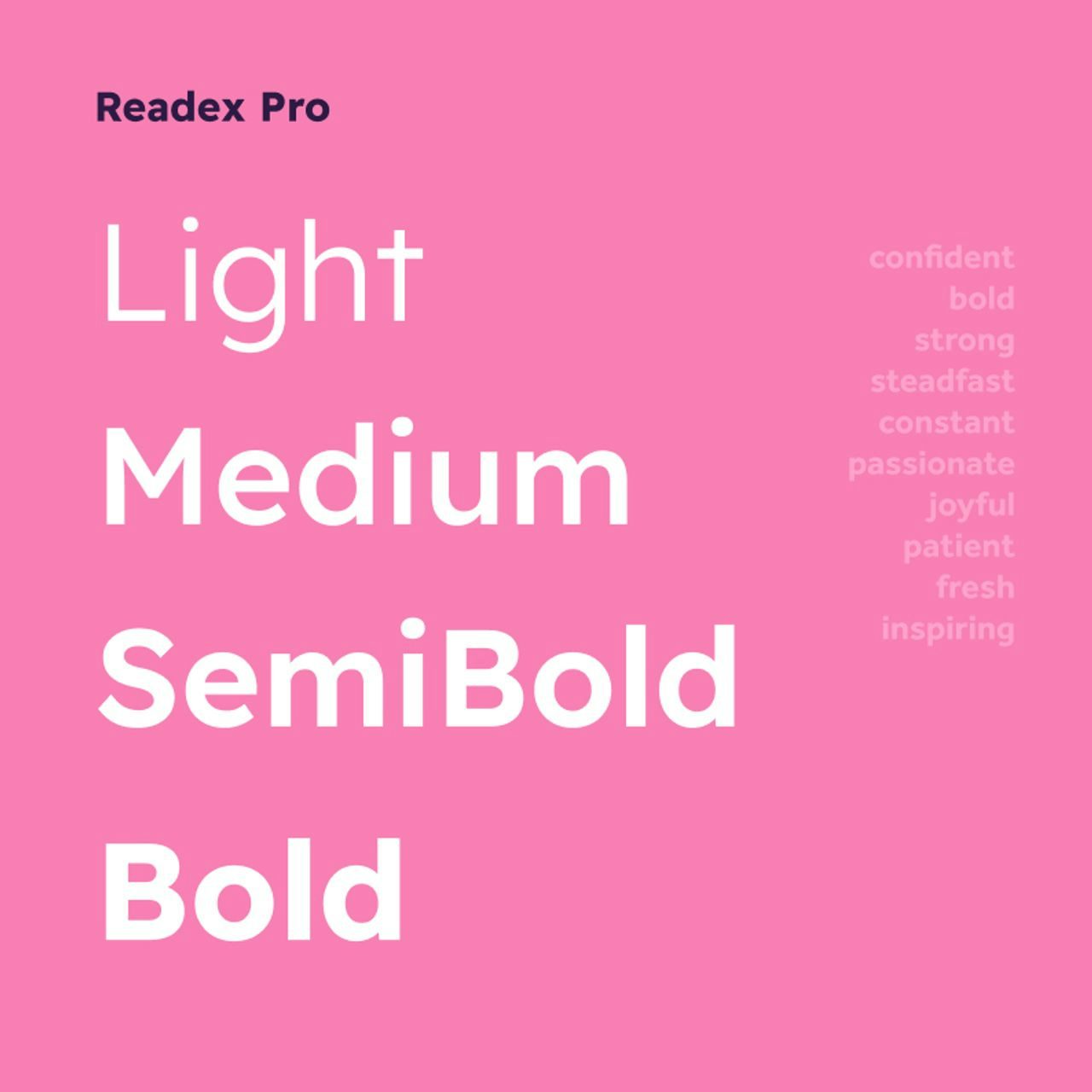 Typography showcase of Readex Pro font featuring weights Light to Bold on a pink background, accompanied by adjectives like confident, strong, and inspiring.
