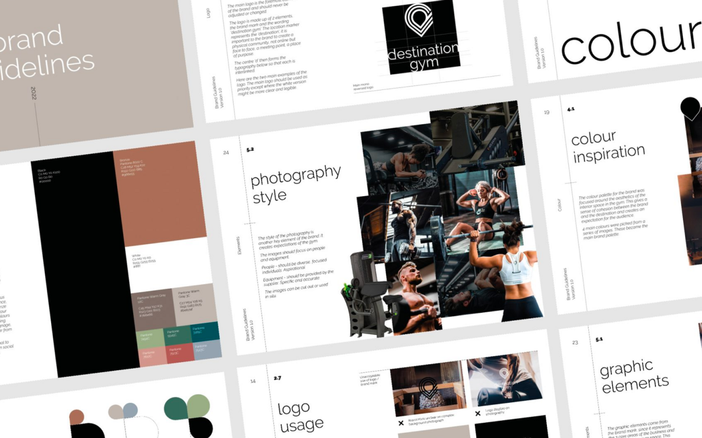 Collage of 'destination gym' brand guidelines showing logo design, colour palette with earthy tones, and dynamic gym photography to establish a cohesive brand identity.